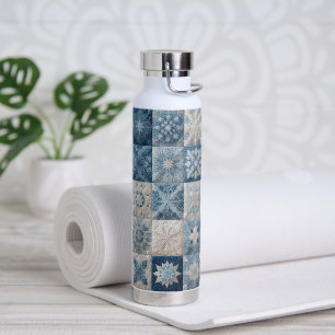 Blue and White Snowflake Quilt Water Bottle