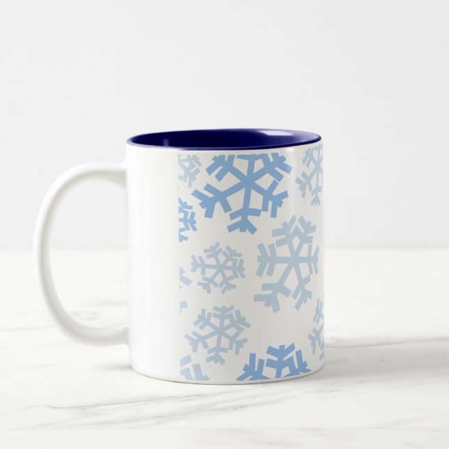 Blue And White Snowflake Two-Tone Coffee Mug (Left)