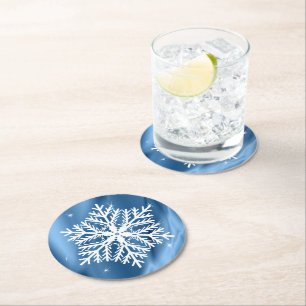 Blue and White Snowflake Winter Holidays Christmas Round Paper Coaster