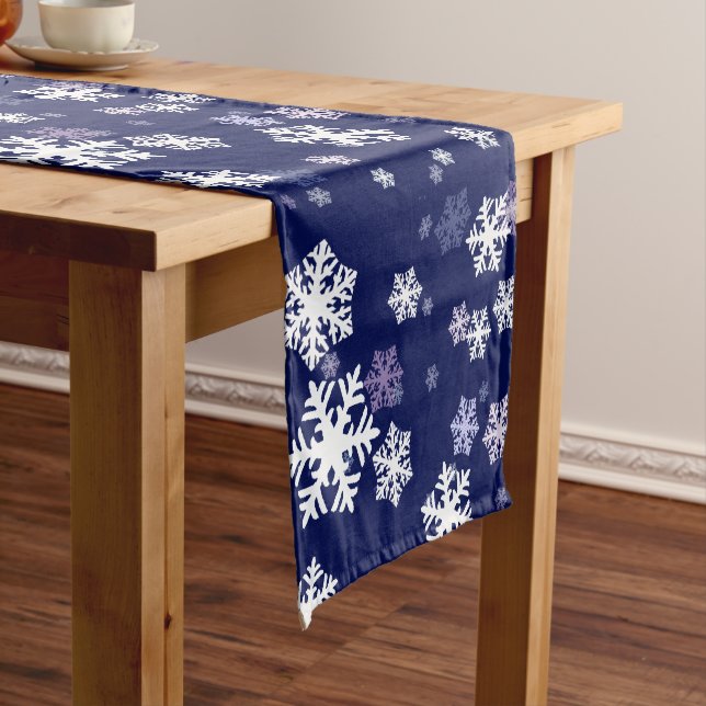 Blue and White Snowflakes On Dark Blue Ground Short Table Runner (In Situ)