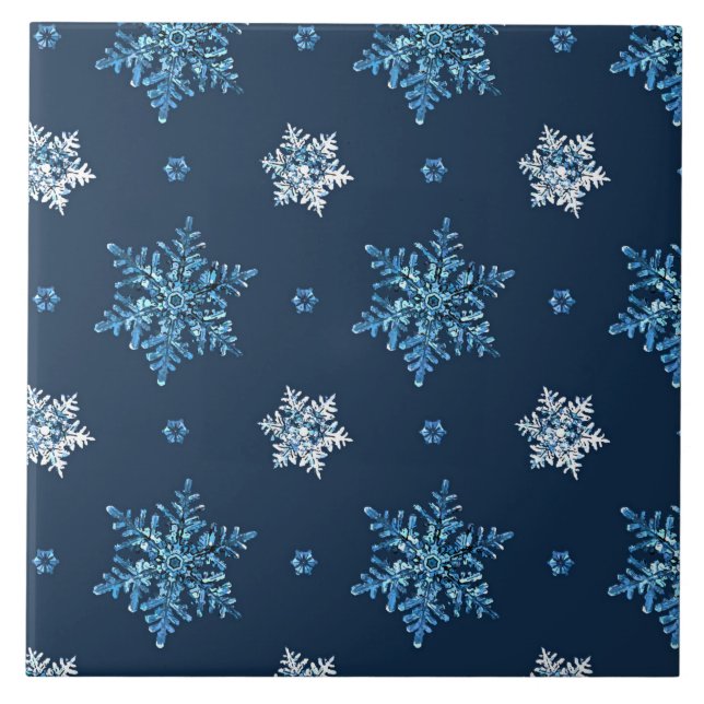 Blue and White Snowflakes Pattern Ceramic Tile (Front)