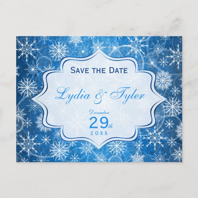 Blue and White Snowflakes Save the Date Card (Front)