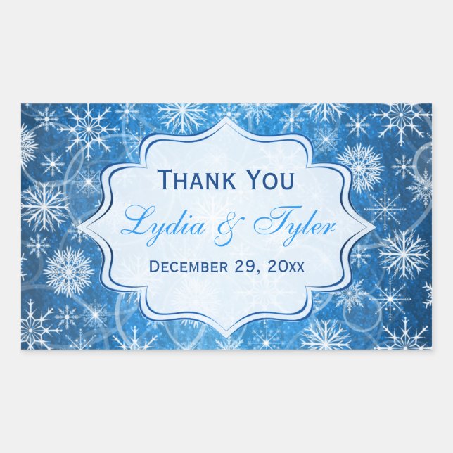 Blue and White Snowflakes Wedding Favour Sticker (Front)