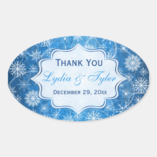 Blue and White Snowflakes Wedding Favour Sticker (Front)