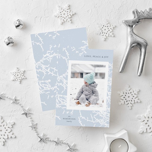 Blue and White Snowy Branches Holiday Photo Card (Creator Uploaded)