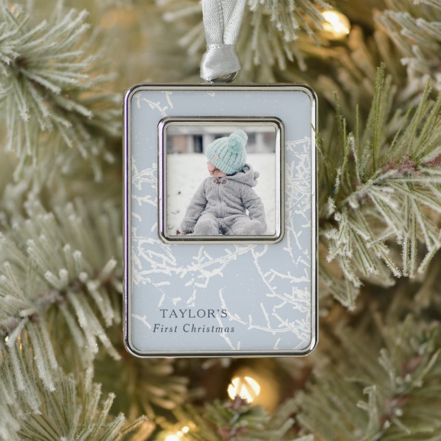 Blue and White Snowy Branches Photo Silver Plated Framed Ornament (Tree)