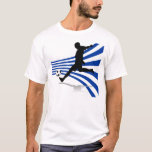 Blue and White Soccer Player T-Shirt<br><div class="desc">Modern soccer design featuring a silhouette of a soccer player kicking a soccer ball on a background of blue and white arching lines. sgb01</div>
