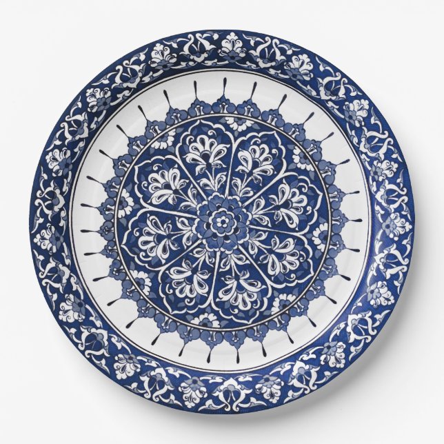Blue and White Spanish Ceramic Style Paper Plate (Front)