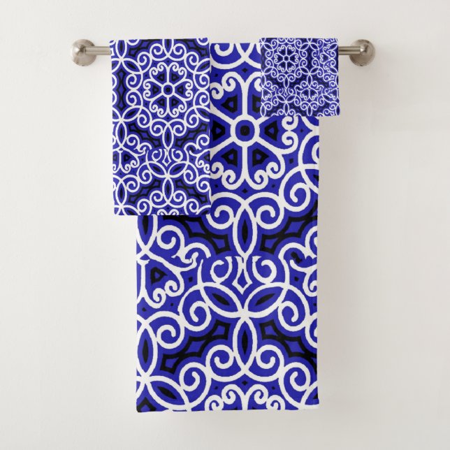 Blue and White Spanish Tile Pattern  Bath Towel Set (Insitu)
