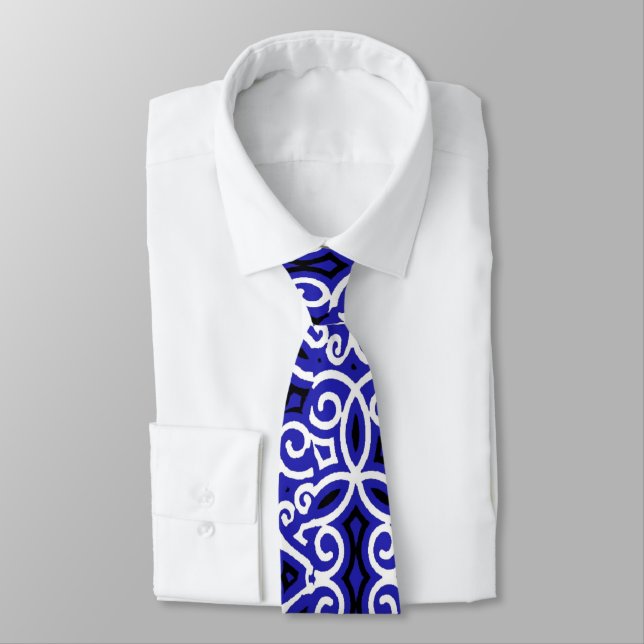 Blue and White Spanish Tile Pattern  Tie (Tied)