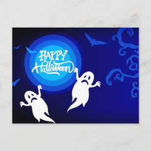 Blue and White Spooky Ghosts Halloween Postcard