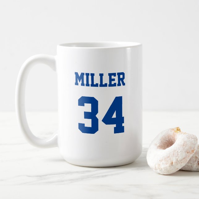 Blue and White Sports Jersey Name Number Custom Coffee Mug (With Donut)