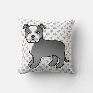 Blue And White Staffie Cute Cartoon Dog & Paws Cushion
