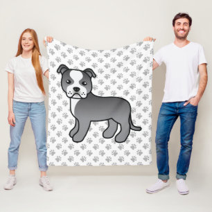 Blue And White Staffie Cute Cartoon Dog & Paws Fleece Blanket