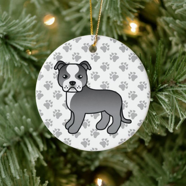 Blue And White Staffordshire Bull Terrier Dog Ceramic Ornament (Tree)