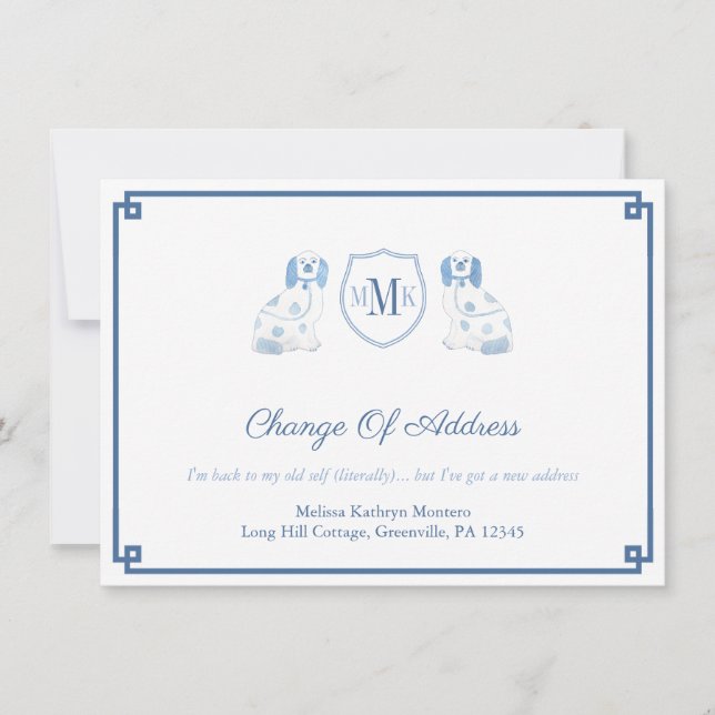 Blue And White Staffordshire Dogs Monogram Moving Announcement (Front)