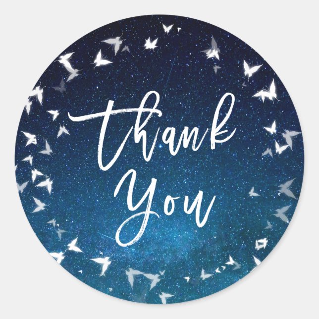 Blue And White Stars Butterfly Wedding Thank You Classic Round Sticker (Front)
