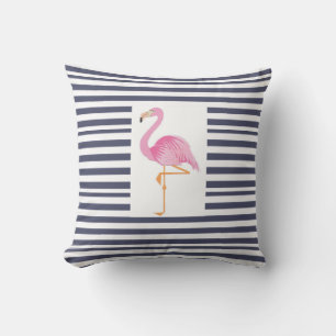 Blue and white stripe flamingo pillow