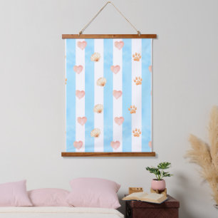 Blue and White Stripe - Hearts,, Paw Print, Shell Hanging Tapestry
