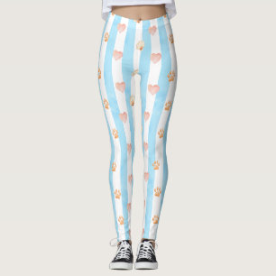 Blue and White Stripe - Hearts,, Paw Print, Shell Leggings