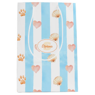 Blue and White Stripe - Hearts,, Paw Print, Shell Medium Gift Bag