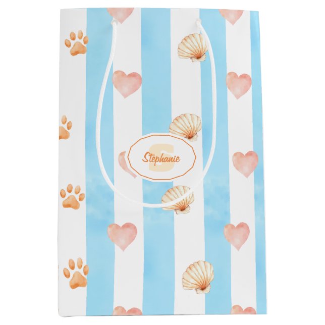 Blue and White Stripe - Hearts,, Paw Print, Shell Medium Gift Bag (Front)