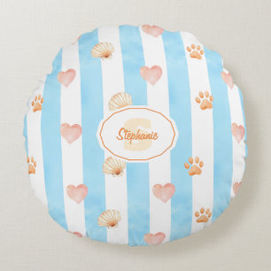 Blue and White Stripe - Hearts,, Paw Print, Shell Round Cushion