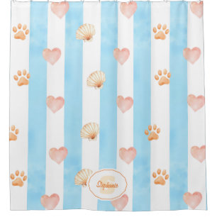 Blue and White Stripe - Hearts,, Paw Print, Shell Shower Curtain