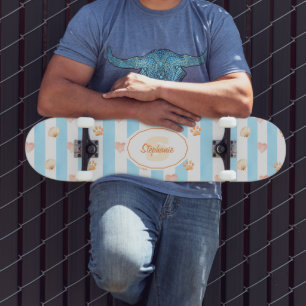 Blue and White Stripe - Hearts,, Paw Print, Shell Skateboard