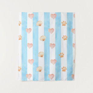 Blue and White Stripe - Hearts,, Paw Print, Shell Tapestry