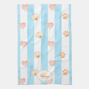 Blue and White Stripe - Hearts,, Paw Print, Shell Tea Towel