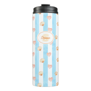 Blue and White Stripe - Hearts,, Paw Print, Shell Thermal Tumbler