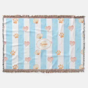 Blue and White Stripe - Hearts,, Paw Print, Shell Throw Blanket
