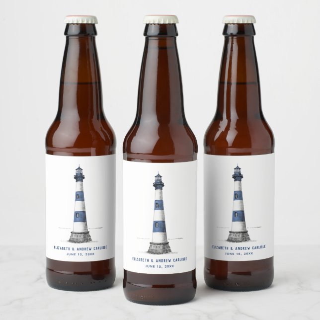 Blue and White Stripe Lighthouse Wedding Beer Bottle Label (Bottles)