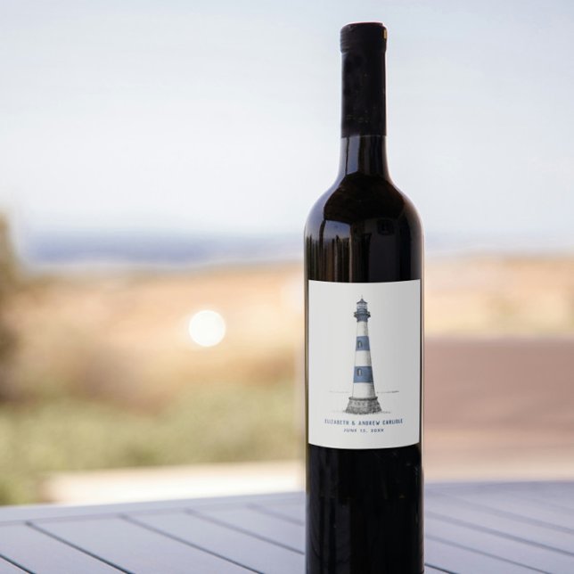 Blue and White Stripe Lighthouse Wedding Wine Labe Label (Creator Uploaded)