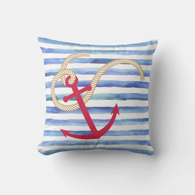 Blue and white stripe nautical pillow (Front)