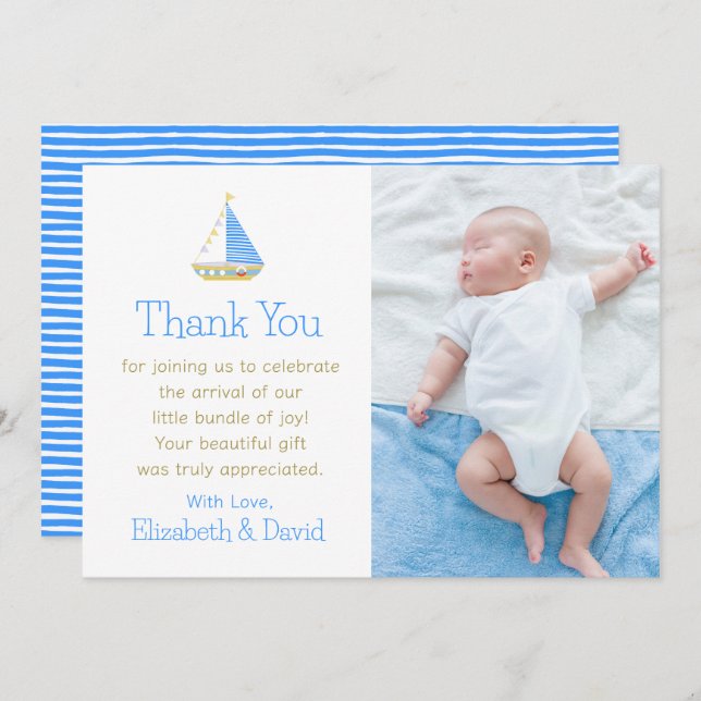 Blue and White Stripe Sailboat Baby Shower Thank You Card (Front/Back)
