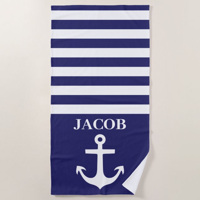 Blue and White Striped Anchor Beach Towel (Front)