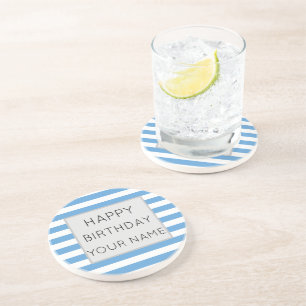 Blue And White Striped Happy Birthday Coaster