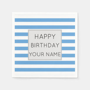 Blue And White Striped Happy Birthday Napkin