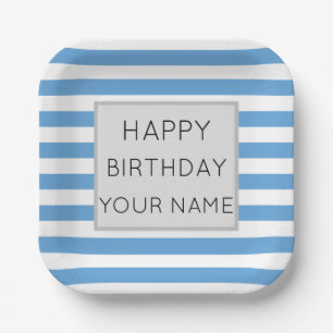 Blue And White Striped Happy Birthday Paper Plate