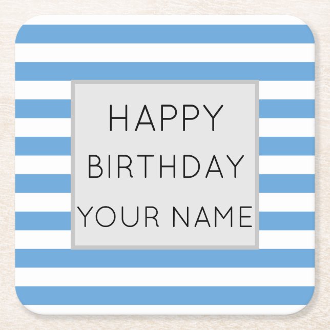 Blue And White Striped Happy Birthday Square Paper Coaster (Front)