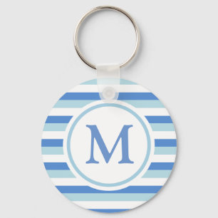 Blue and White Striped Monogram Key Ring