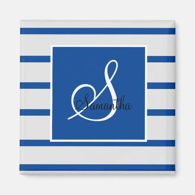 Blue and White Striped Monogram Magnet (Front)