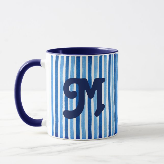 Blue and white striped monogram mug (Left)