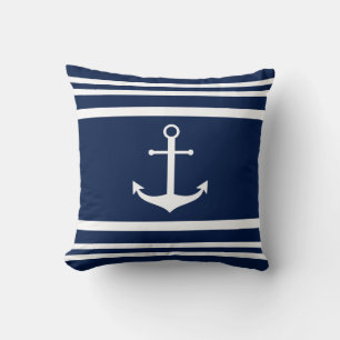 Blue and White Striped Nautical Anchor Cushion