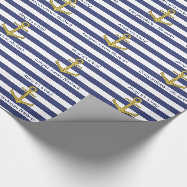 Blue and White Striped Nautical Boy Baby Shower Wrapping Paper (Corner)