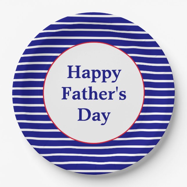 Blue and White Striped Pattern Happy Father's Day Paper Plate (Front)
