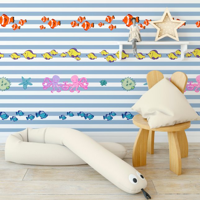 Blue and white striped print with colourful fish,  wallpaper (Blue and white striped print with colourful fish, wallpaper)
