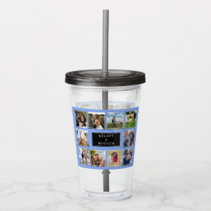 Blue and White Striped Wedding Photo Collage Acrylic Tumbler
